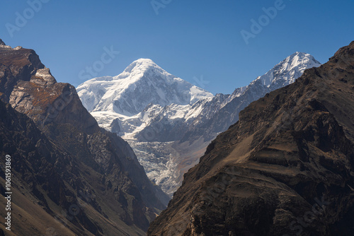 Morning landscape view of snowcapped Diran peak in Karakoram mountain range, Karimabad, Hunza, Gilgit-Baltistan, Pakistan