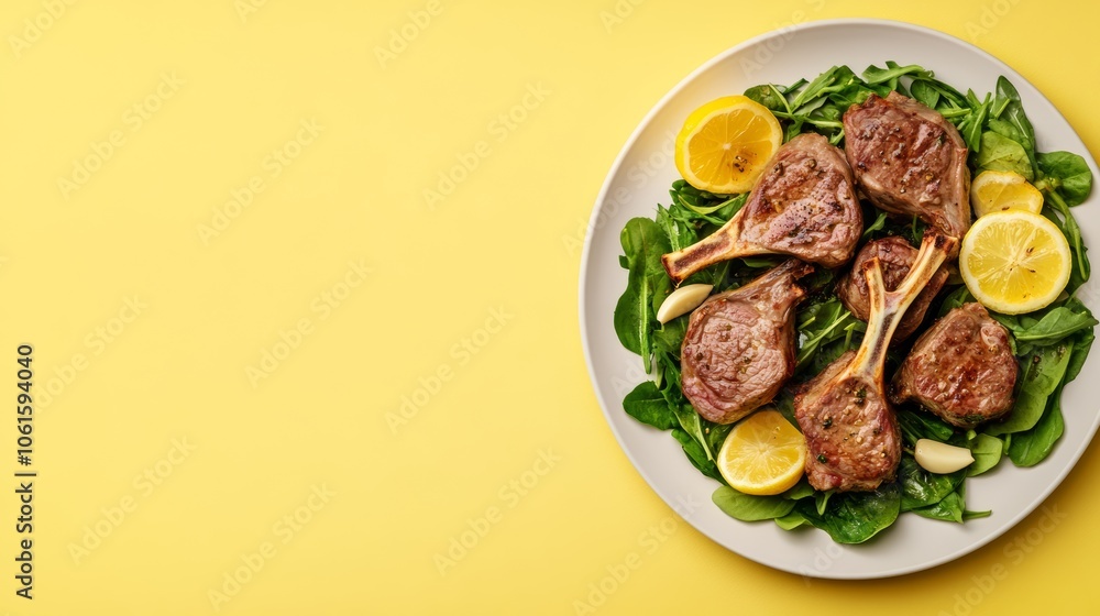 Close-up overhead shot of grilled lamb chops with lemon wedges and arugula on a white plate on a yellow background. Close-up overhead shot of grilled lamb chops with lemon wedges and arugula on a white plate on a yellow background.