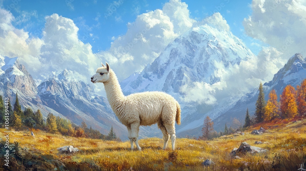 Naklejka premium Fluffy alpaca grazing in a serene field with a mountain backdrop, under a beautiful blue sky, creating a peaceful scene