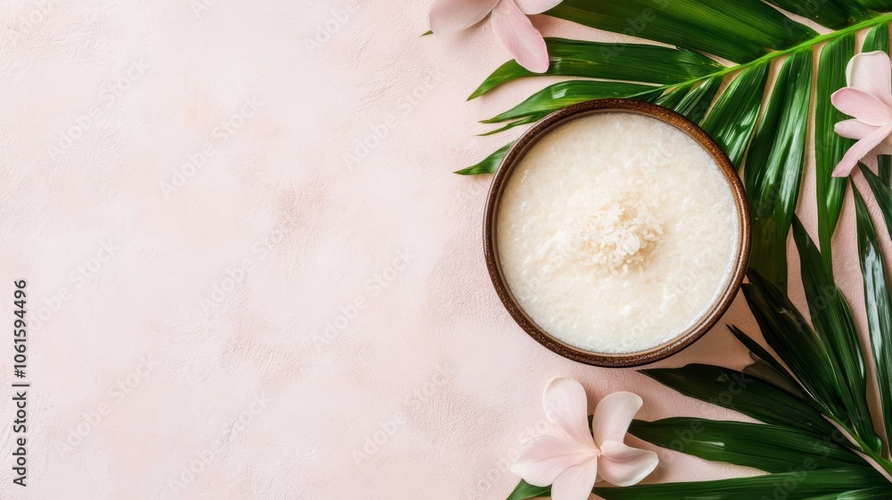 Coconut milk in a wooden bowl with palm leaves and pink flowers on pink background. Coconut milk in a wooden bowl with palm leaves and pink flowers on pink background.