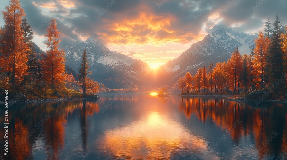 Mountain view, A beautiful landscape of mountains covered with autumn trees, as the sun sets behind them Mountain view, A beautiful landscape of mountains covered with autumn trees, as the sun sets behind them