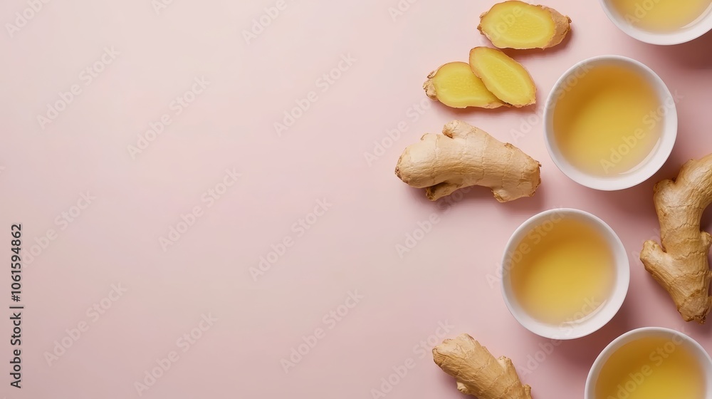 Cups of ginger tea with fresh ginger root on a pink background. Cups of ginger tea with fresh ginger root on a pink background.