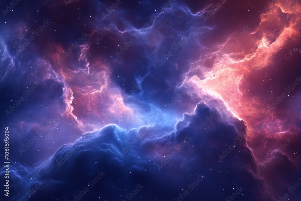A swirling nebula of pink, red, and blue hues, with scattered stars in the darkness. A swirling nebula of pink, red, and blue hues, with scattered stars in the darkness.