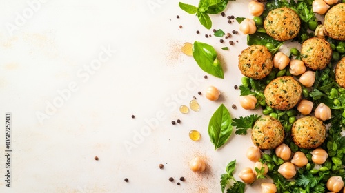Wallpaper Mural Flat lay of chickpea fritters, peas, parsley, basil, and peppercorns on a light background with copy space. Torontodigital.ca
