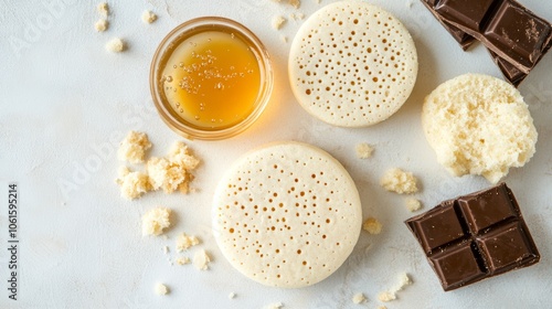 Flat lay of crumpets, honey, and chocolate on a white background. photo