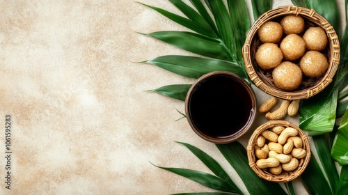 Flat lay of sweet sticky rice balls, cashew nuts, and tea on a beige background with palm leaves.