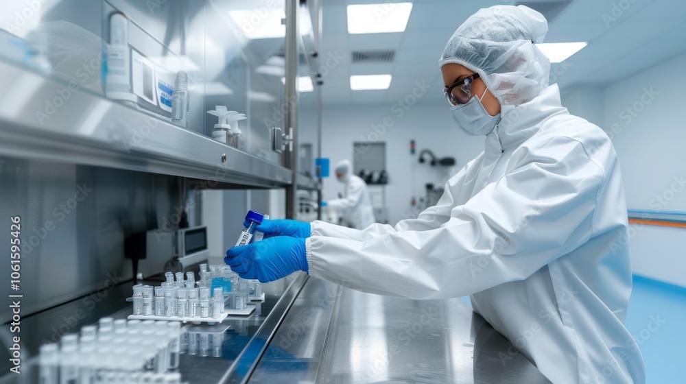 A lab technician in protective clothing carefully handles samples on a stainless-steel counter within a pristine laboratory. A lab technician in protective clothing carefully handles samples on a stainless-steel counter within a pristine laboratory.
