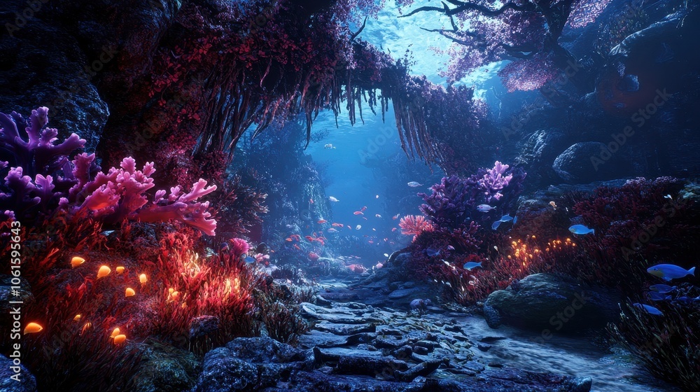 A path of stone leads through a vibrant coral reef, bathed in the warm glow of the sun, with colorful fish swimming around. A path of stone leads through a vibrant coral reef, bathed in the warm glow of the sun, with colorful fish swimming around.