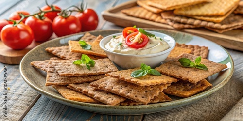 A plate of crisp crackers, arranged with fresh mint, and a small bowl of creamy dip, garnished with a tomato slice.