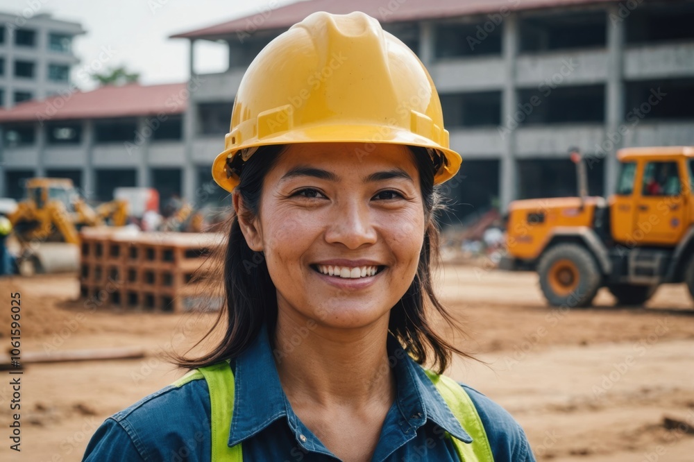 Close portrait of a smiling 40s Thai woman construction worker looking at the camera, Thai outdoors construction site blurred background Close portrait of a smiling 40s Thai woman construction worker looking at the camera, Thai outdoors construction site blurred background