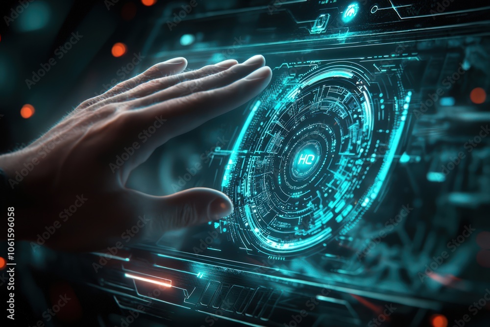 Hand interacting with a digital HUD interface, highlighting a futuristic technology background in cyberspace Hand interacting with a digital HUD interface, highlighting a futuristic technology background in cyberspace