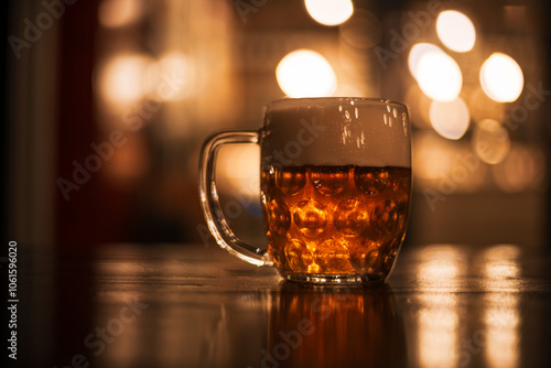 Glass mug filled with golden Czech beer against a backdrop of night lights