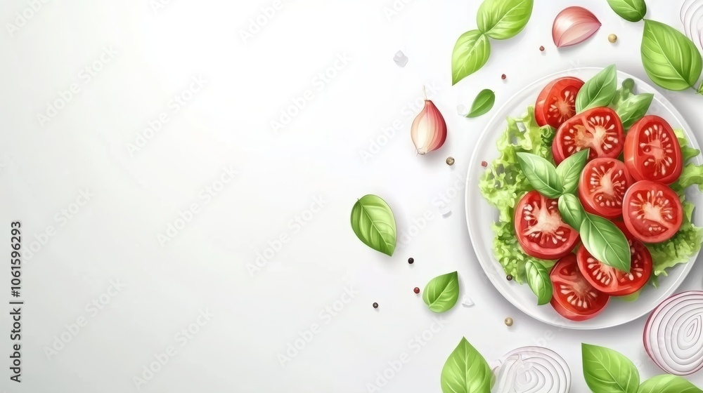 Fresh tomato salad with basil and onion on a white plate, decorated with peppercorns and garlic cloves on a white background. Fresh tomato salad with basil and onion on a white plate, decorated with peppercorns and garlic cloves on a white background.