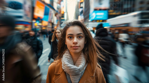 Young beautiful girl in a crowd of people, looking directly at the camera, with motion blur of people walking in New York City.