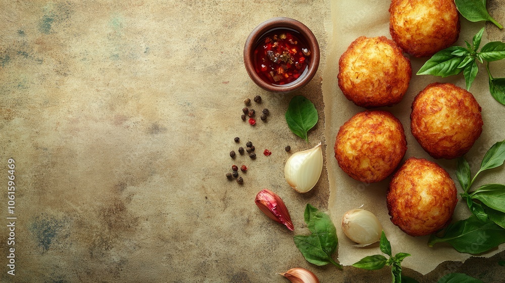 custom made wallpaper toronto digitalFried cheese balls with garlic, basil and spicy sauce on rustic background.