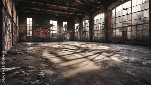 Wallpaper Mural Abandoned Warehouse: Sunbeams pierce through the grimy windows of a forgotten factory, casting long shadows on the dusty floor. The atmosphere is one of decay and neglect. Torontodigital.ca