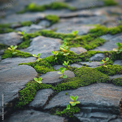 Lush green moss and small plants thrive between stone tiles, creating serene and natural landscape. vibrant greenery contrasts beautifully with textured stones, evoking sense of tranquility and