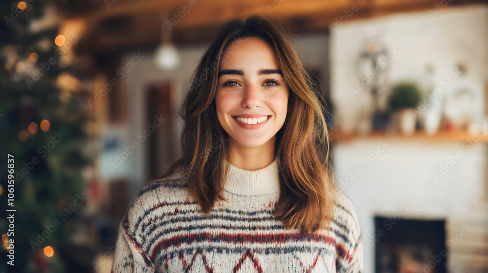 Content woman sweater cozy, serene home lifestyle warm, radiant smiling portrait interior, seasonal winter female, happy autumn beautiful Content woman sweater cozy, serene home lifestyle warm, radiant smiling portrait interior, seasonal winter female, happy autumn beautiful
