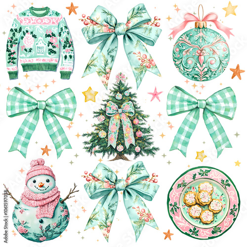 Mint Chinoiserie Christmas Elements Collection, A unique mint and pink Christmas set featuring bows, a decorated tree, sweater, snowman, and cookies. Perfect for festive designs.

