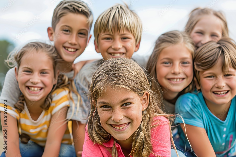 Portrait of happy group of children looking at camera in summer day Portrait of happy group of children looking at camera in summer day