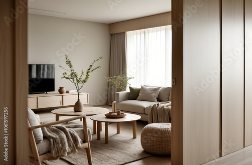 Close up details of a modern japandi style living room interior