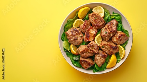 Grilled meat with lemon slices and spinach in a white bowl on a yellow background.