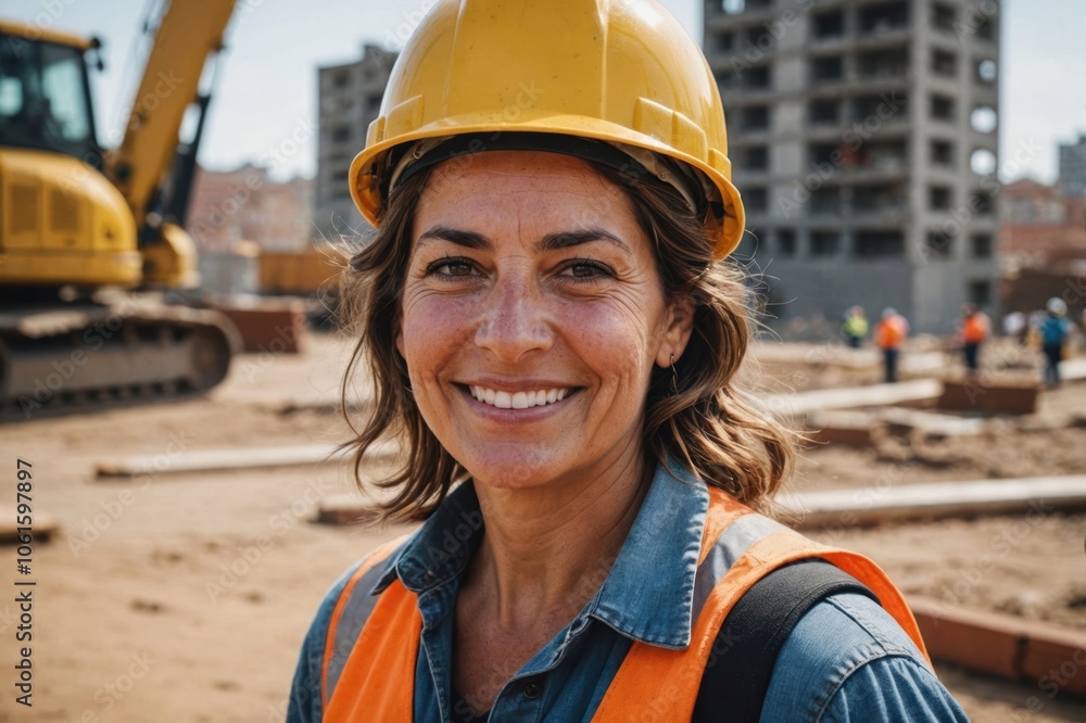 Close portrait of a smiling 40s Uruguayan woman construction worker looking at the camera, Uruguayan outdoors construction site blurred background Close portrait of a smiling 40s Uruguayan woman construction worker looking at the camera, Uruguayan outdoors construction site blurred background