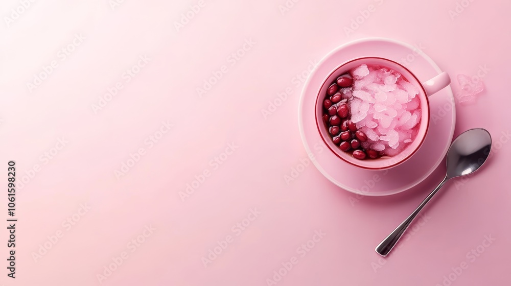 Red beans and shaved ice in a pink teacup on a pink background. Red beans and shaved ice in a pink teacup on a pink background.