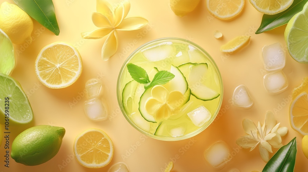 Refreshing summer drink with cucumber, lemon and ice in a glass on a yellow background. Refreshing summer drink with cucumber, lemon and ice in a glass on a yellow background.