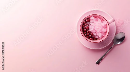 Red beans and shaved ice in a pink teacup on a pink background.