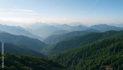 Aerial beautiful green hillsides covered dense forests. Panorama mountains isolated with white shades, png