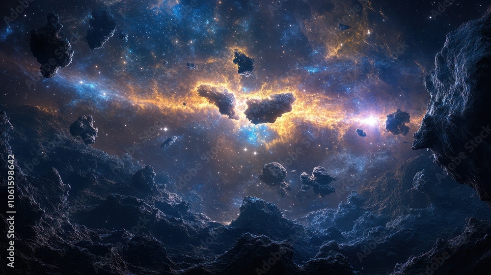 Obraz premium A breathtaking view of a nebula with rocky asteroids in the foreground. The nebula is a vibrant mix of blue, orange, and yellow hues, with bright stars shining through.