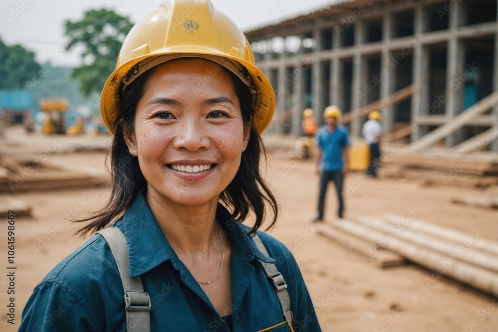 Close portrait of a smiling 40s Vietnamese woman construction worker looking at the camera, Vietnamese outdoors construction site blurred background Close portrait of a smiling 40s Vietnamese woman construction worker looking at the camera, Vietnamese outdoors construction site blurred background