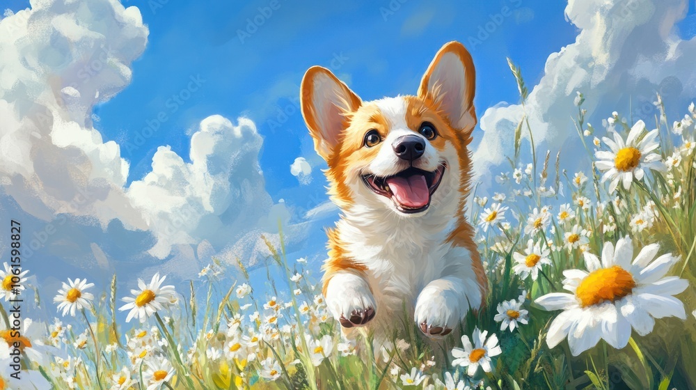 Happy corgi puppy frolicking in a field of daisies, its tiny legs running through flowers under a bright blue sky Happy corgi puppy frolicking in a field of daisies, its tiny legs running through flowers under a bright blue sky