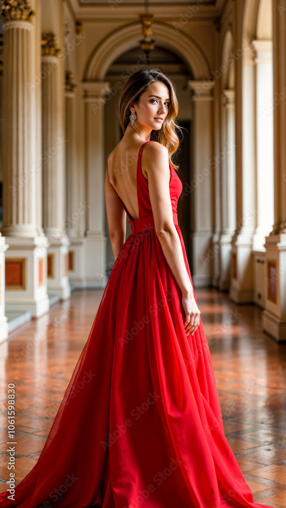 Obraz premium A sophisticated woman showcases a bold red dress with a deep neckline and black stocking, standing confidently in a beautifully adorned room illuminated by sunlight streaming through large windows