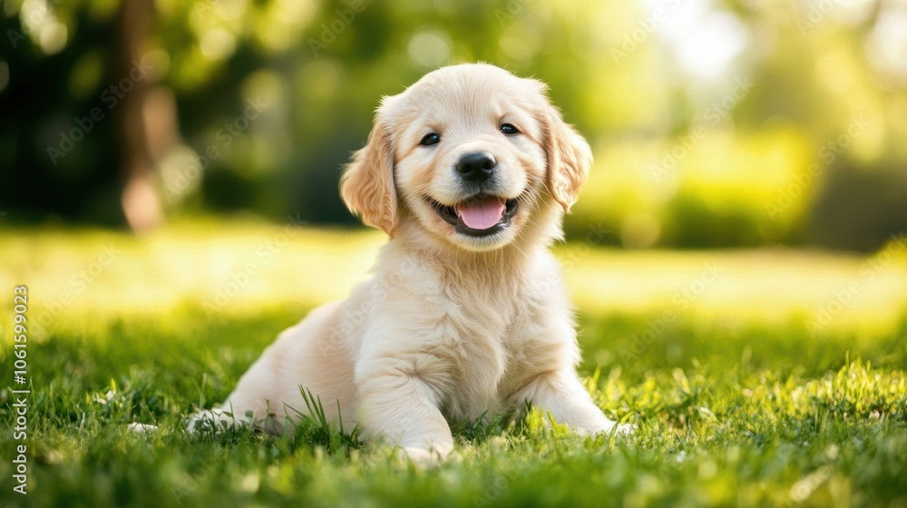 Happy golden retriever puppy sitting in a sunny park, with green grass and trees in the background, smiling at the camera Happy golden retriever puppy sitting in a sunny park, with green grass and trees in the background, smiling at the camera
