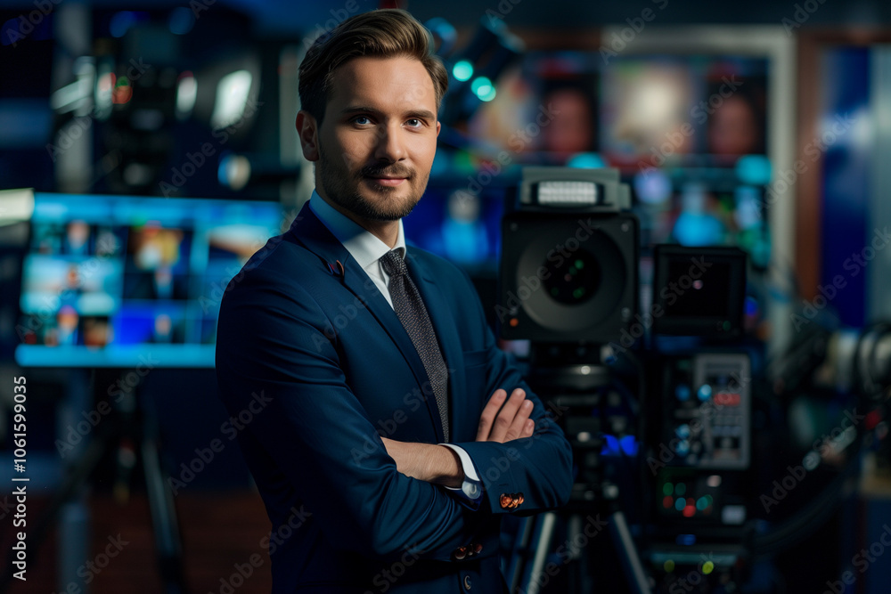 a photo of a tv news presenter on a popular channel. live stream broadcast on television. handsome white american british guy in a suit. weather forecast in a studio
