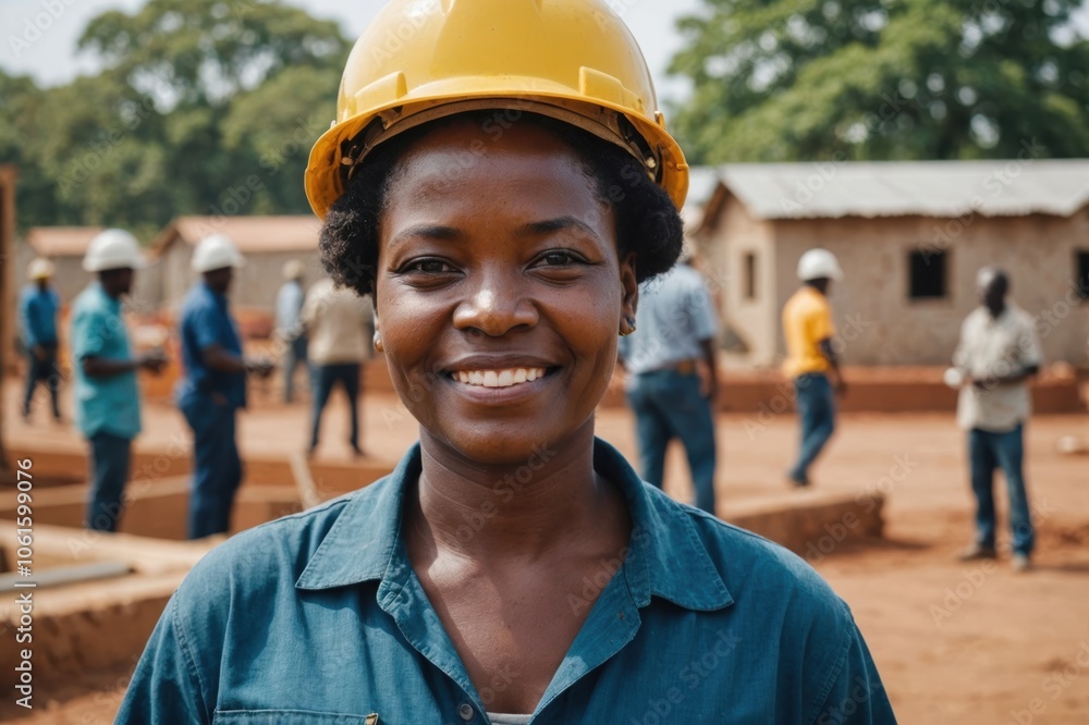 Close portrait of a smiling 40s Zambian woman construction worker looking at the camera, Zambian outdoors construction site blurred background Close portrait of a smiling 40s Zambian woman construction worker looking at the camera, Zambian outdoors construction site blurred background