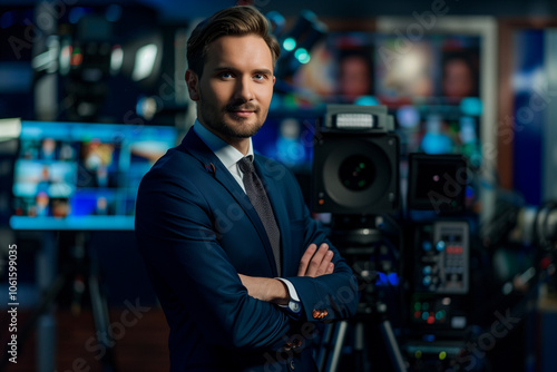 Obraz na płótnie a photo of a tv news presenter on a popular channel. live stream broadcast on television. handsome white american british guy in a suit. weather forecast in a studio
w salonie