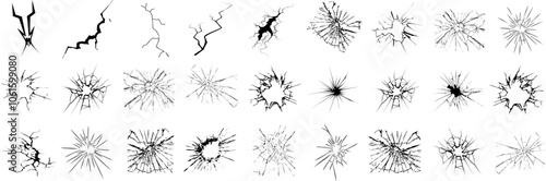 Cracked glass vector collection featuring various shattered glass effects, broken lines, and impact cracks. Perfect for digital art, graphic design, and realistic simulation of broken surfaces