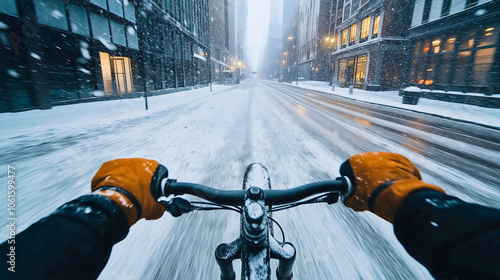 Immersive first person view pov, dynamic bike riding snow, wintry street winter bicycle, adventurous road city, cycle outdoor sport photo