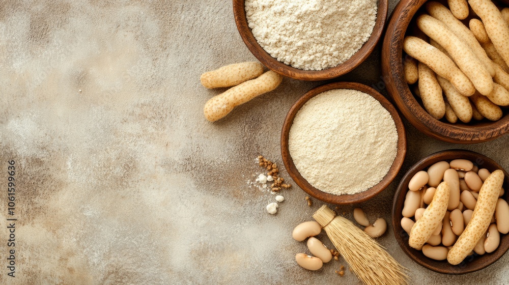 Three bowls of white flour and white beans with a whisk and some scattered beans on a brown textured surface. Three bowls of white flour and white beans with a whisk and some scattered beans on a brown textured surface.