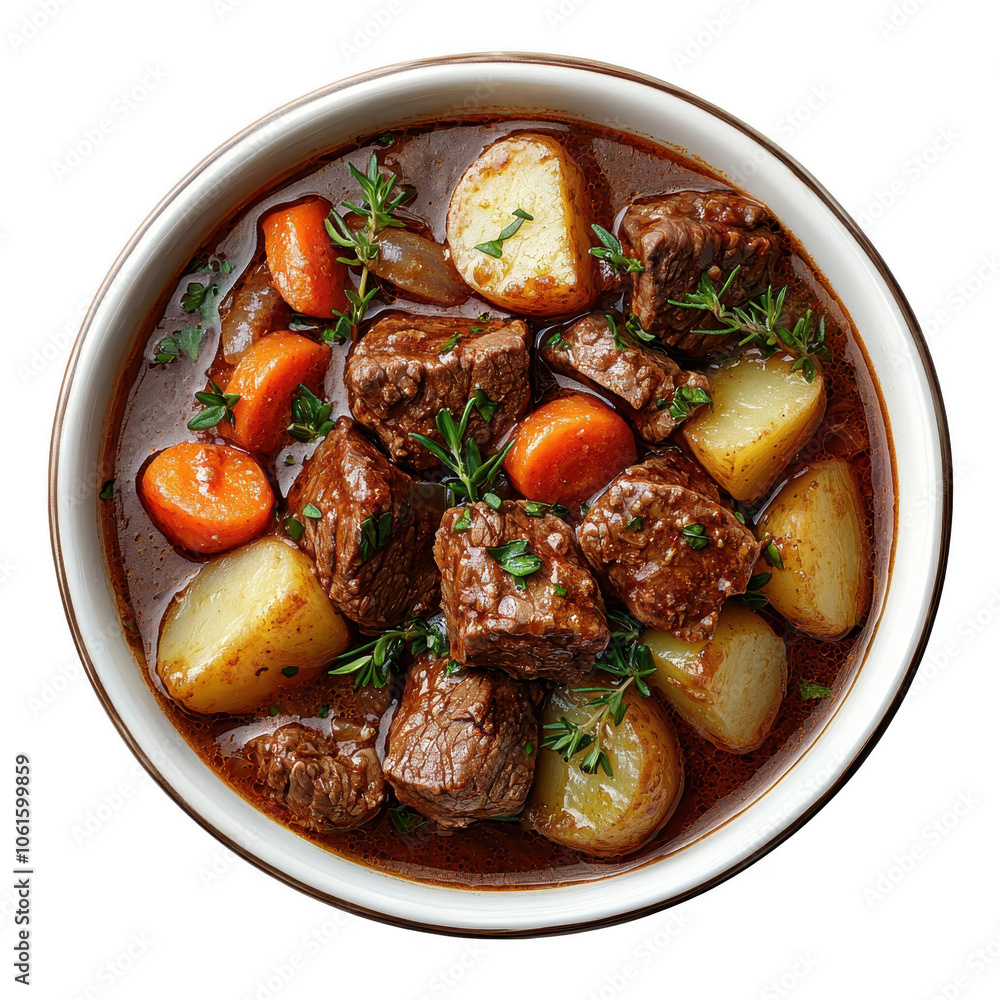 A delicious bowl of hearty beef stew with tender chunks of beef, carrots, and potatoes, garnished with fresh herbs, perfect for a comforting meal on a cold day. png transparent background A delicious bowl of hearty beef stew with tender chunks of beef, carrots, and potatoes, garnished with fresh herbs, perfect for a comforting meal on a cold day. png transparent background