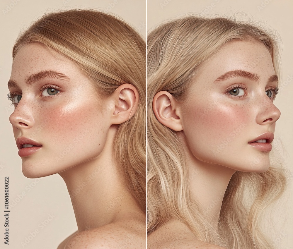 A photorealistic before and after photo of an elegant blonde woman with clear skin. The left side shows visible redness, while the right side features smooth, ,generative ai A photorealistic before and after photo of an elegant blonde woman with clear skin. The left side shows visible redness, while the right side features smooth, ,generative ai