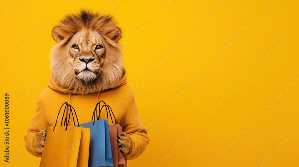 Lion with Shopping Bags in Bright Yellow Background Lion with Shopping Bags in Bright Yellow Background