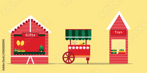 Christmas market stall. Elements for new year design in web design, print. Flat vector illustration.