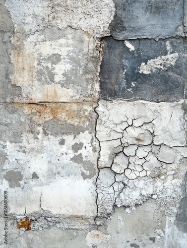 A textured wall featuring cracked and peeling surfaces in various shades of gray and white.