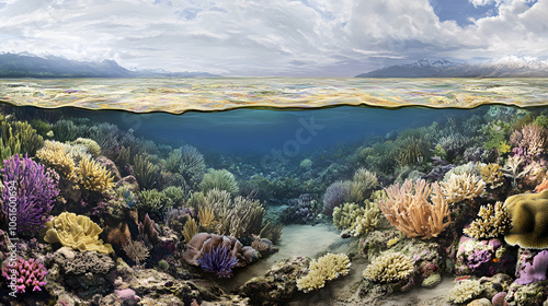 A visual representation of a coral reef, illustrating its vibrant ecosystem and life cycles.