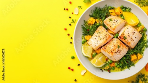 Top view of grilled fish fillets with vegetables in a white bowl on a yellow background.