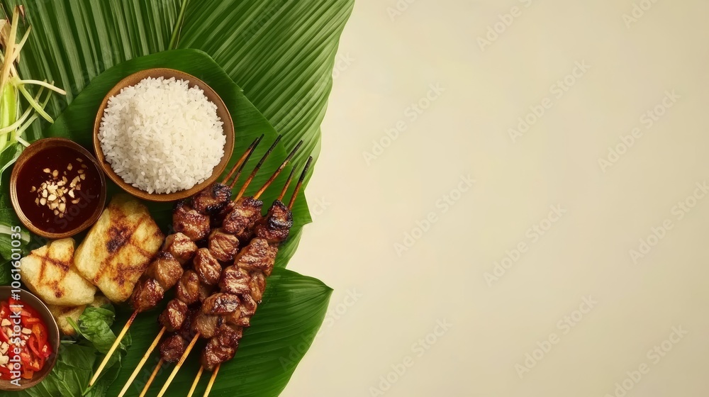 Φωτογραφία Traditional Asian food with grilled meat skewers, rice, grilled pineapple, dipping sauces, and fresh herbs on a banana leaf